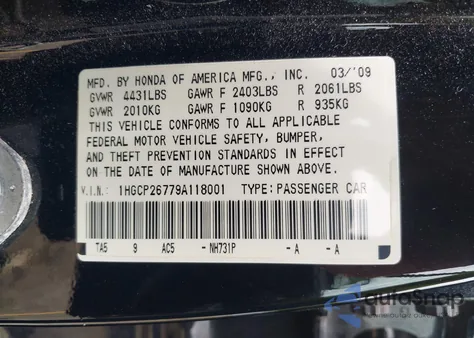 2009 Honda Accord 2.4 Ex из США, поврежденный, VIN 1HGCP26779A118001